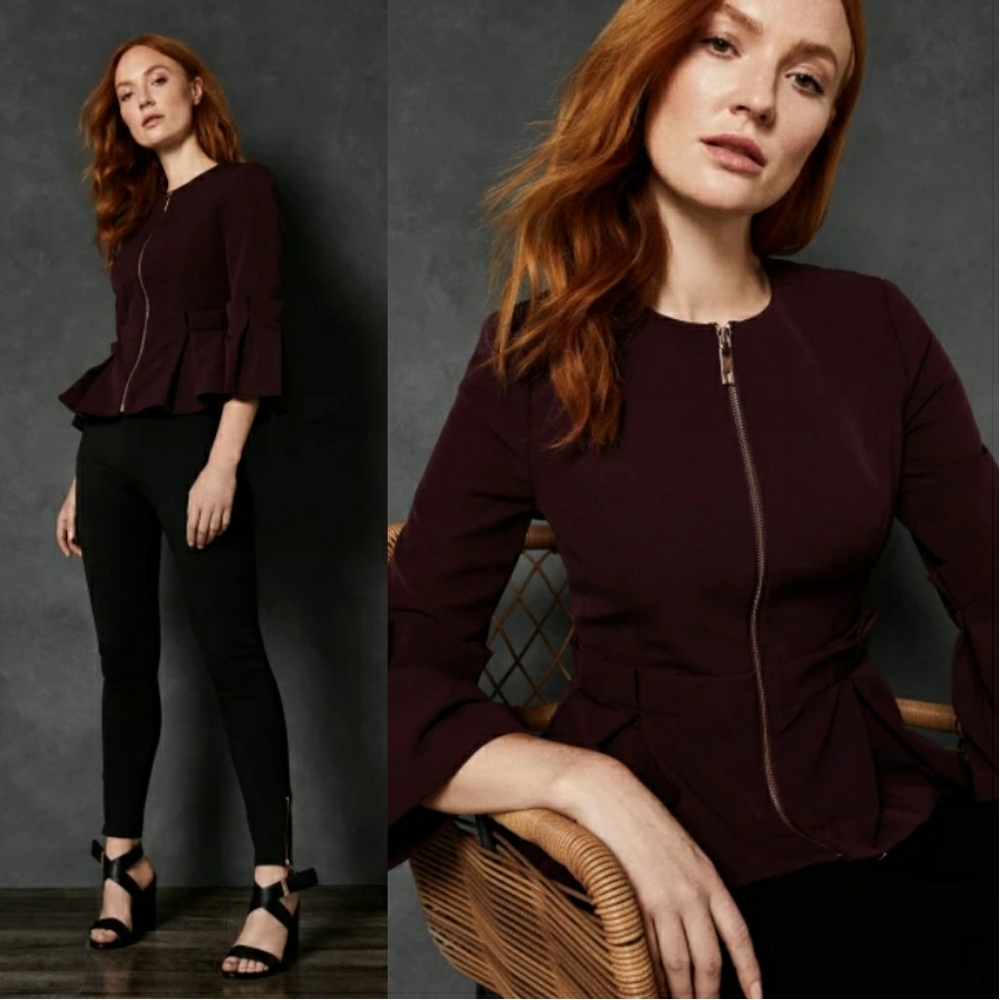 NWOT Ted Baker Maggi Peplum Crop Sleeve Pleated Deep Purple Jacket 0 XS